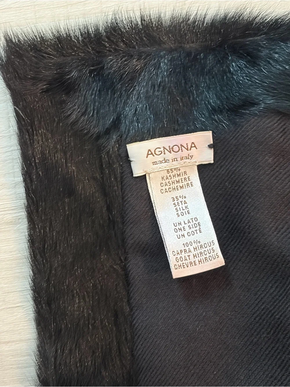 Agnona Rare Unique Black Goat Hair Fur Stole Cashmere & Silk Made in Italy